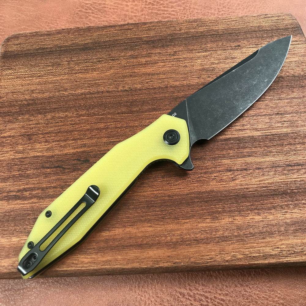 KUBEY KU117C Nova Liner Lock Flipper Folding Pocket Knife Yellow G10 Handle 3.62" Dark Stonewahsed D2