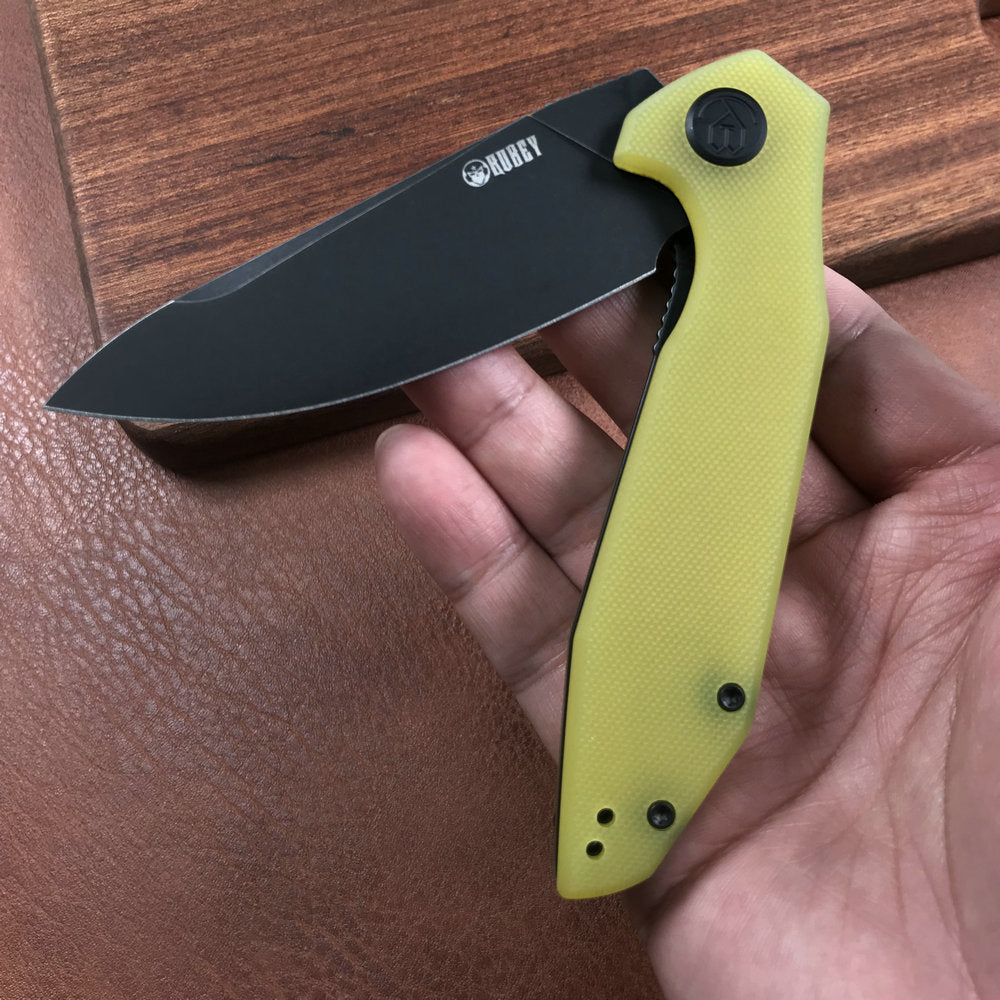 KUBEY KU117C Nova Liner Lock Flipper Folding Pocket Knife Yellow G10 Handle 3.62" Dark Stonewahsed D2