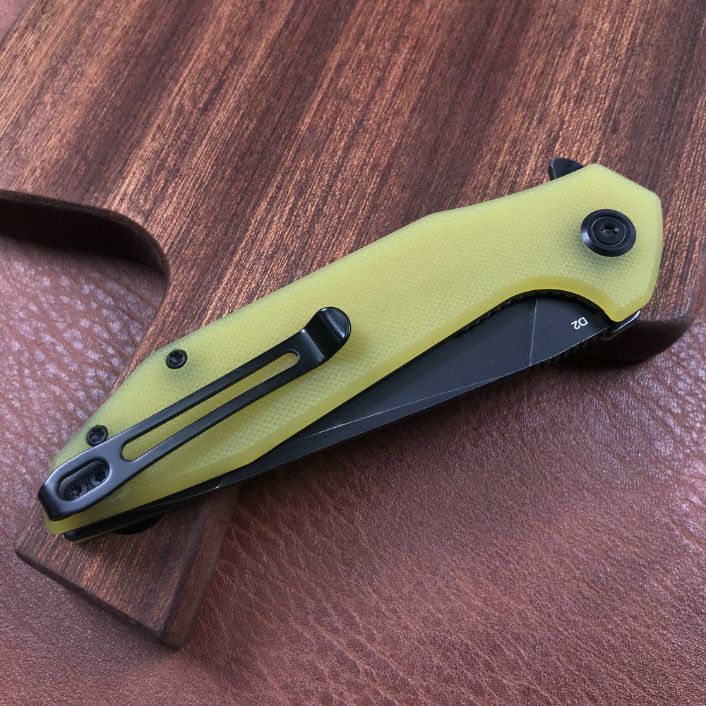 KUBEY KU117C Nova Liner Lock Flipper Folding Pocket Knife Yellow G10 Handle 3.62" Dark Stonewahsed D2