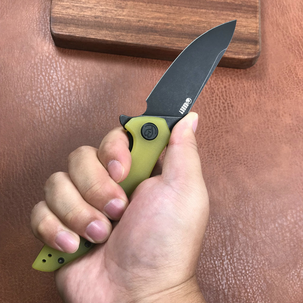 KUBEY KU117C Nova Liner Lock Flipper Folding Pocket Knife Yellow G10 Handle 3.62" Dark Stonewahsed D2