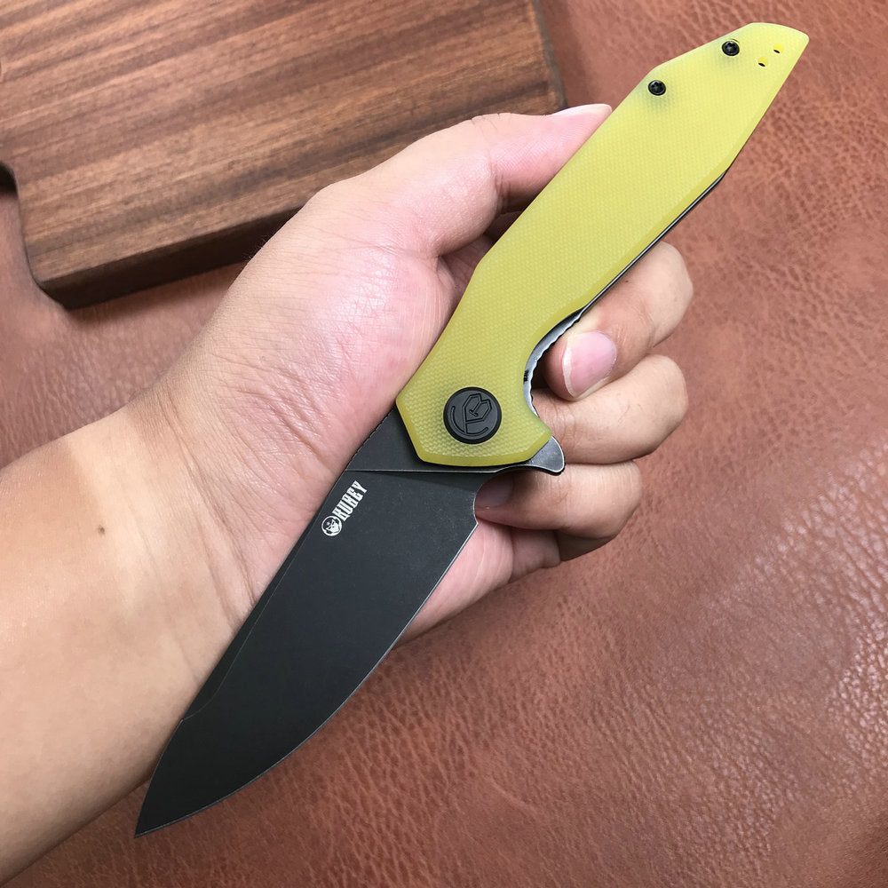 KUBEY KU117C Nova Liner Lock Flipper Folding Pocket Knife Yellow G10 Handle 3.62" Dark Stonewahsed D2