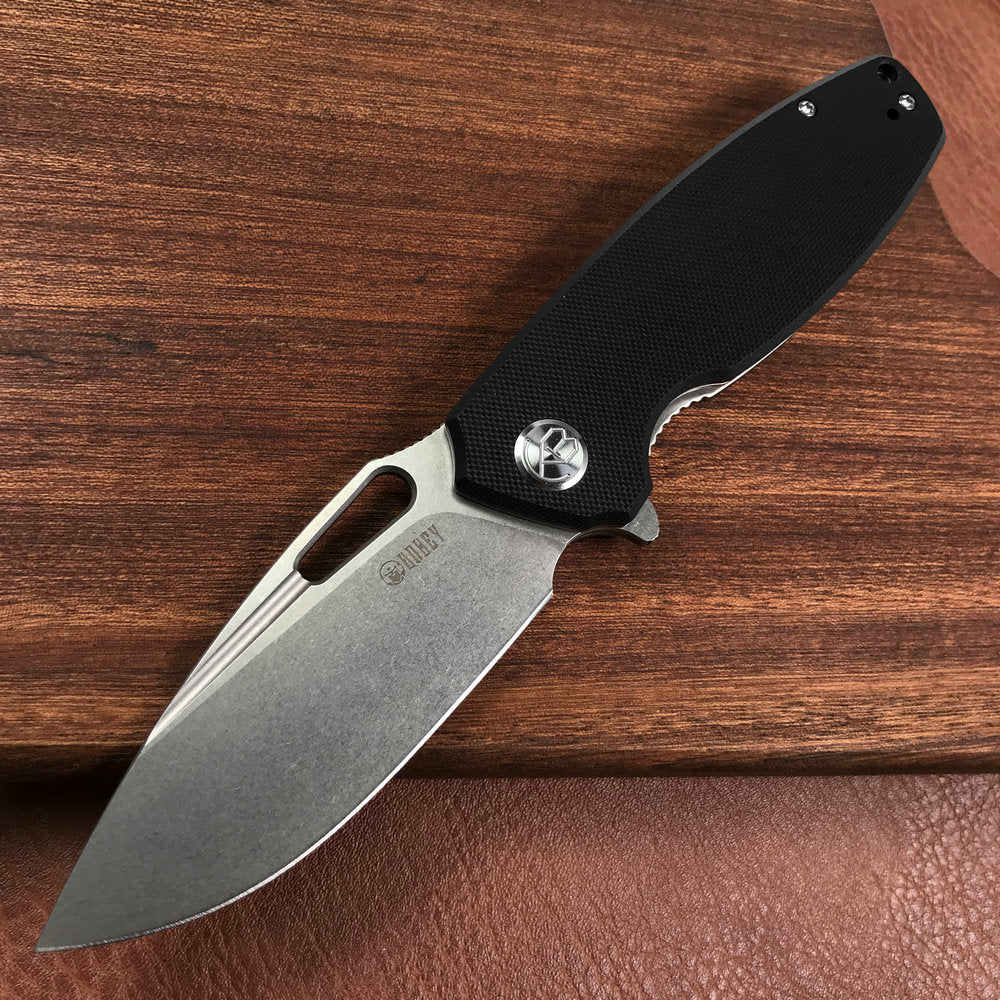 KUBEY KU322A Liner Lock Flipper Folding Knife Black G10 Handle 3.39" Blasted Stonewashed D2