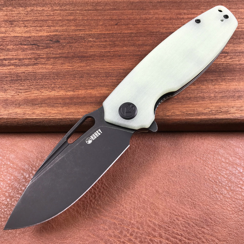 KUBEY KU322E Liner Lock Flipper Folding Knife Jade G10 Handle 3.39" Dark Stonewashed D2