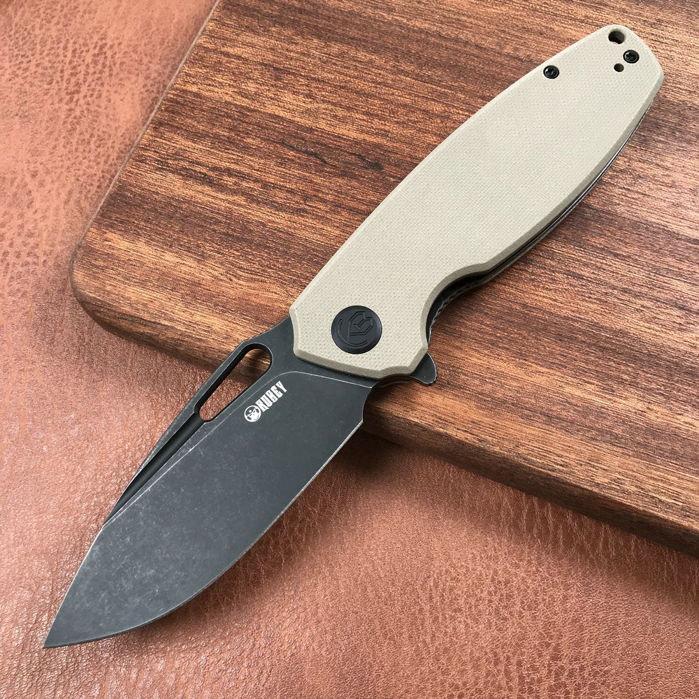 KUBEY KU322D  Liner Lock Flipper Folding Knife Tan G10 Handle 3.39" Dark Stonewashed D2