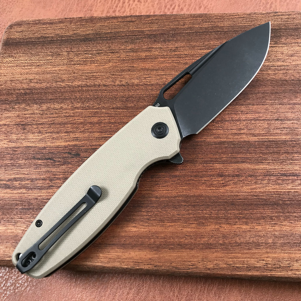 KUBEY KU322D  Liner Lock Flipper Folding Knife Tan G10 Handle 3.39" Dark Stonewashed D2