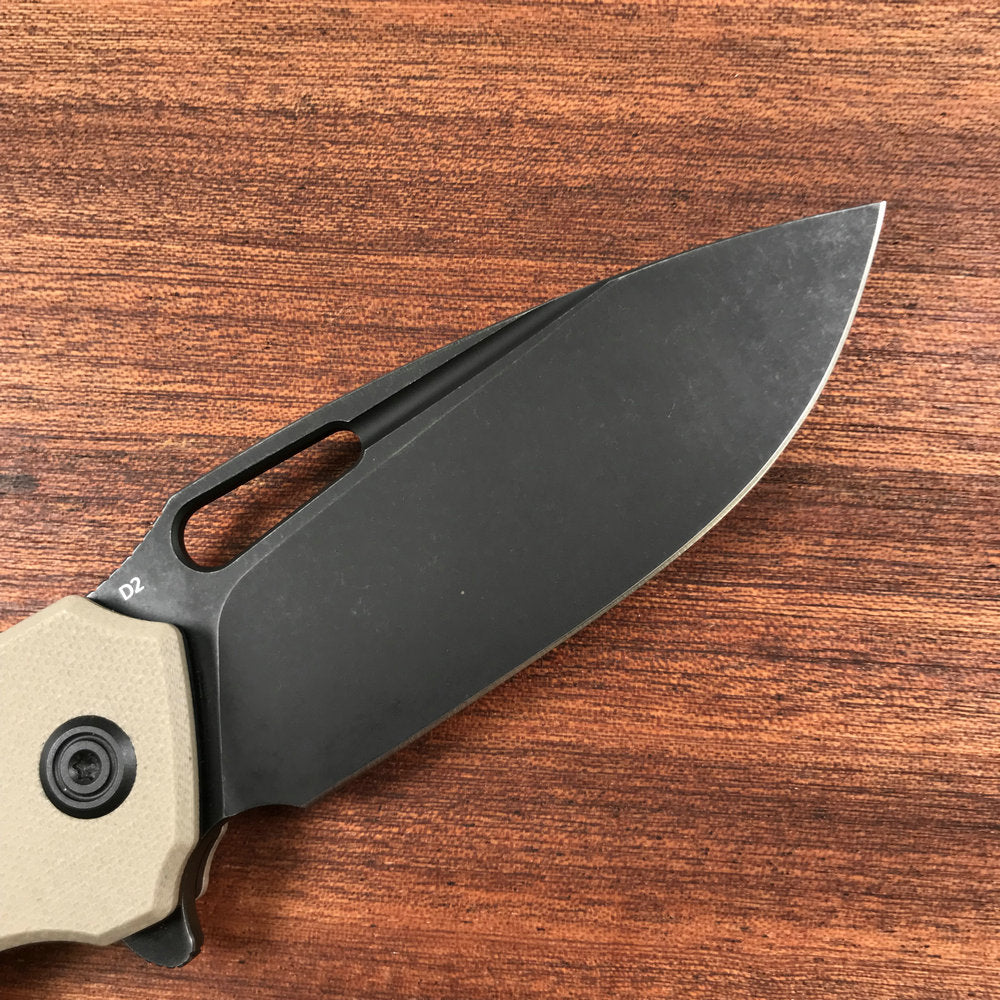 KUBEY KU322D  Liner Lock Flipper Folding Knife Tan G10 Handle 3.39" Dark Stonewashed D2