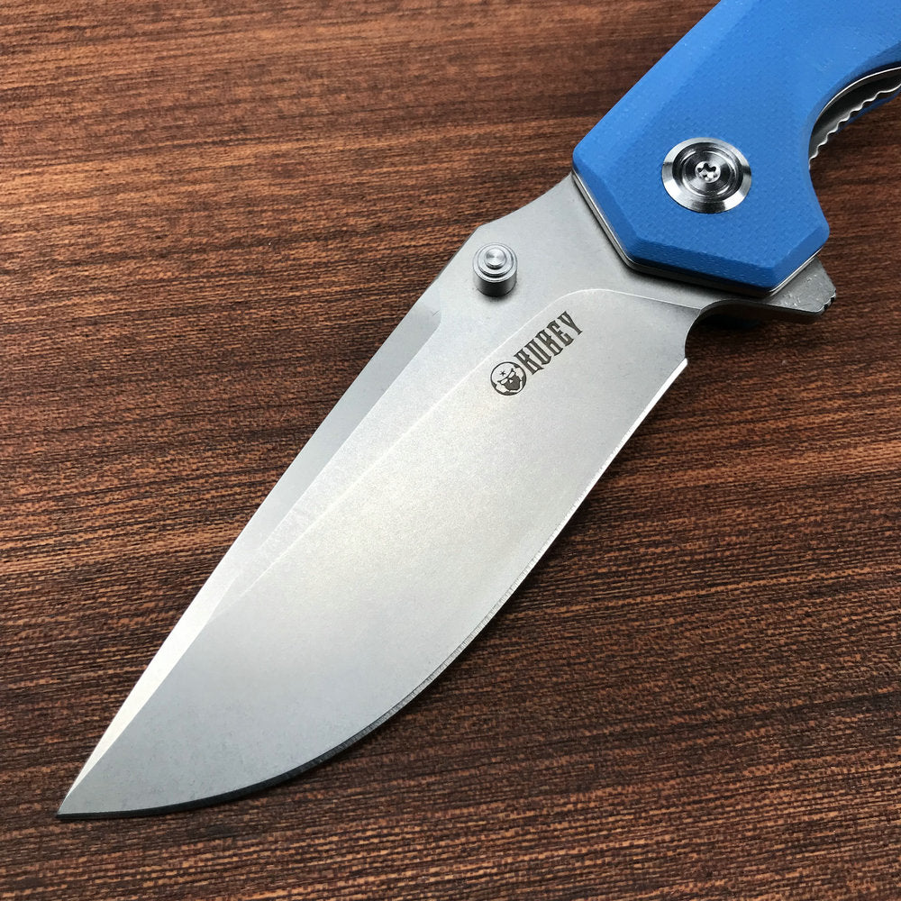 KUBEY KU901B Liner Lock Flipper Folding Knife Blue G10 Handle 3.27" Blasted Stonewashed  D2