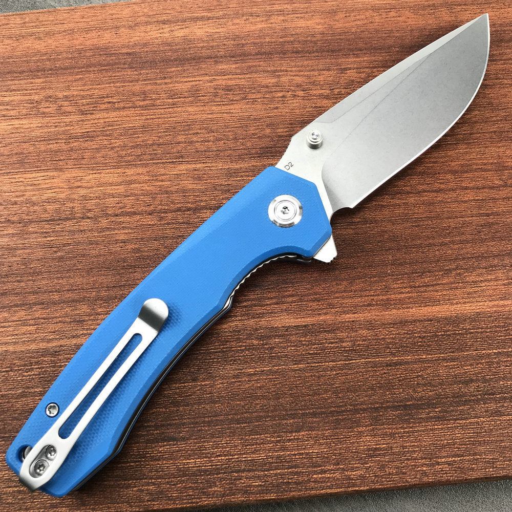 KUBEY KU901B Liner Lock Flipper Folding Knife Blue G10 Handle 3.27" Blasted Stonewashed  D2