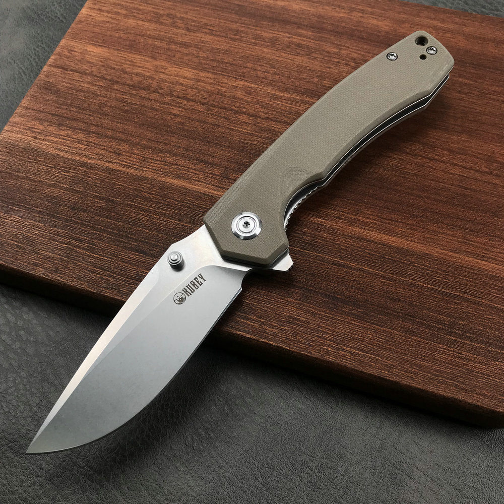 KUBEY  KU901D Liner Lock Flipper Folding Knife Tan G10 Handle 3.27" Blasted Stonewashed D2