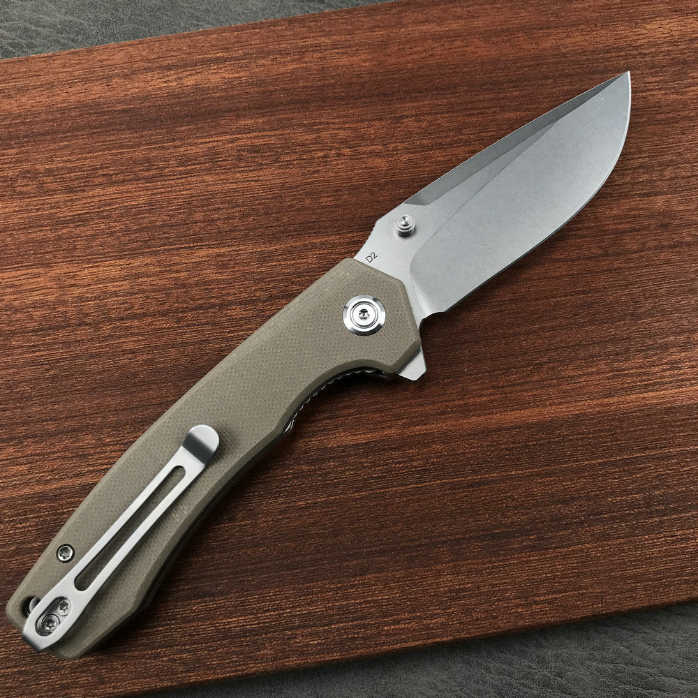 KUBEY  KU901D Liner Lock Flipper Folding Knife Tan G10 Handle 3.27" Blasted Stonewashed D2