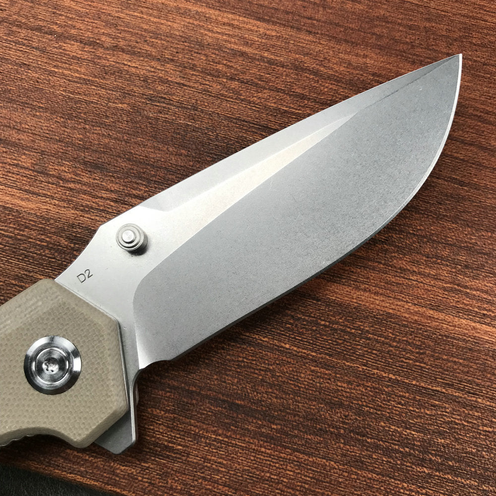 KUBEY  KU901D Liner Lock Flipper Folding Knife Tan G10 Handle 3.27" Blasted Stonewashed D2