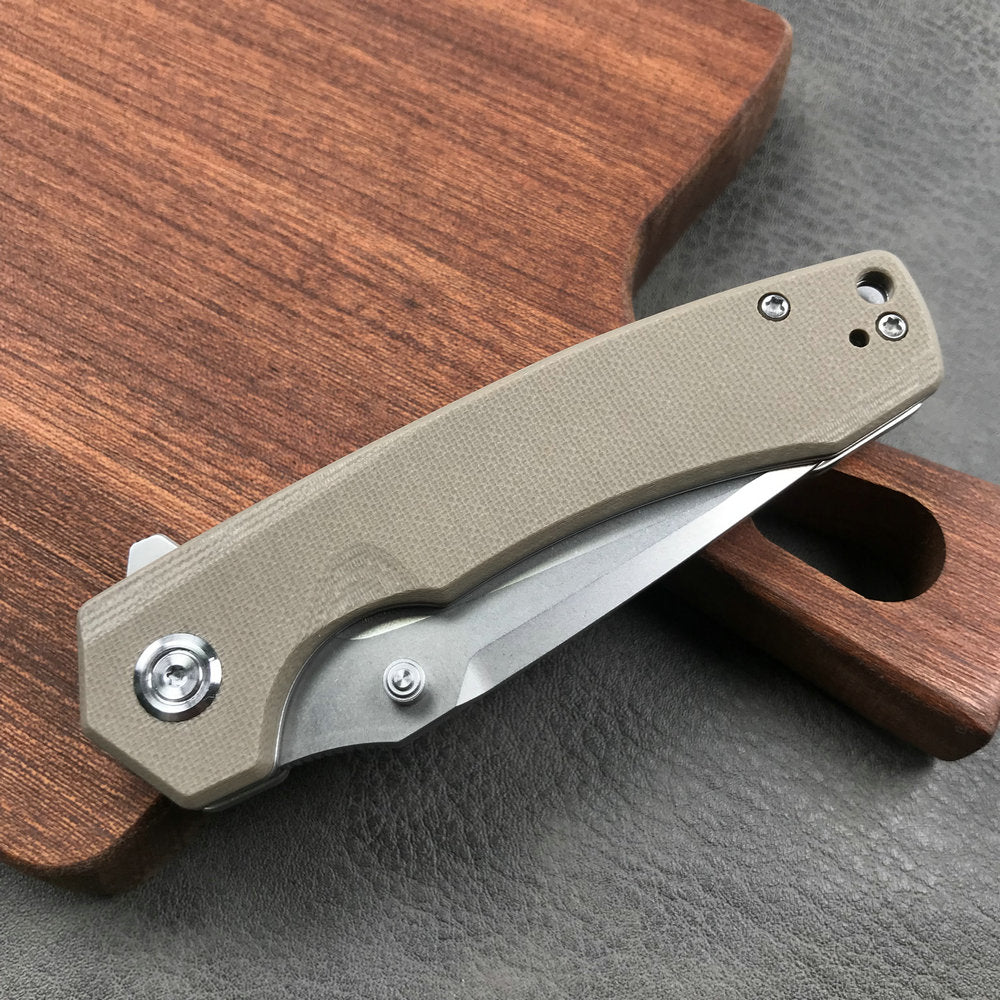 KUBEY  KU901D Liner Lock Flipper Folding Knife Tan G10 Handle 3.27" Blasted Stonewashed D2