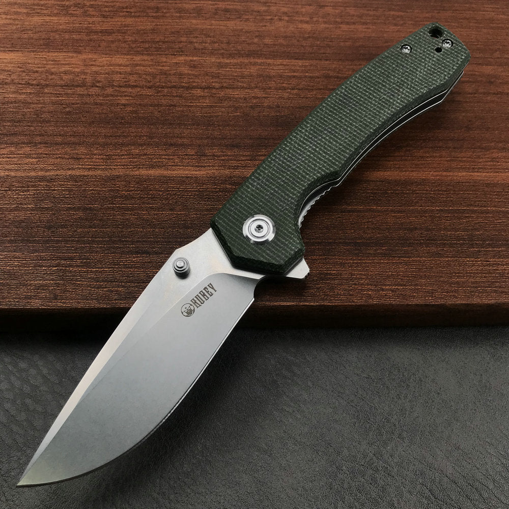 KUBEY  KU901C Liner Lock Flipper Folding Knife Green Micarta Handle 3.27" Bead Blasted D2