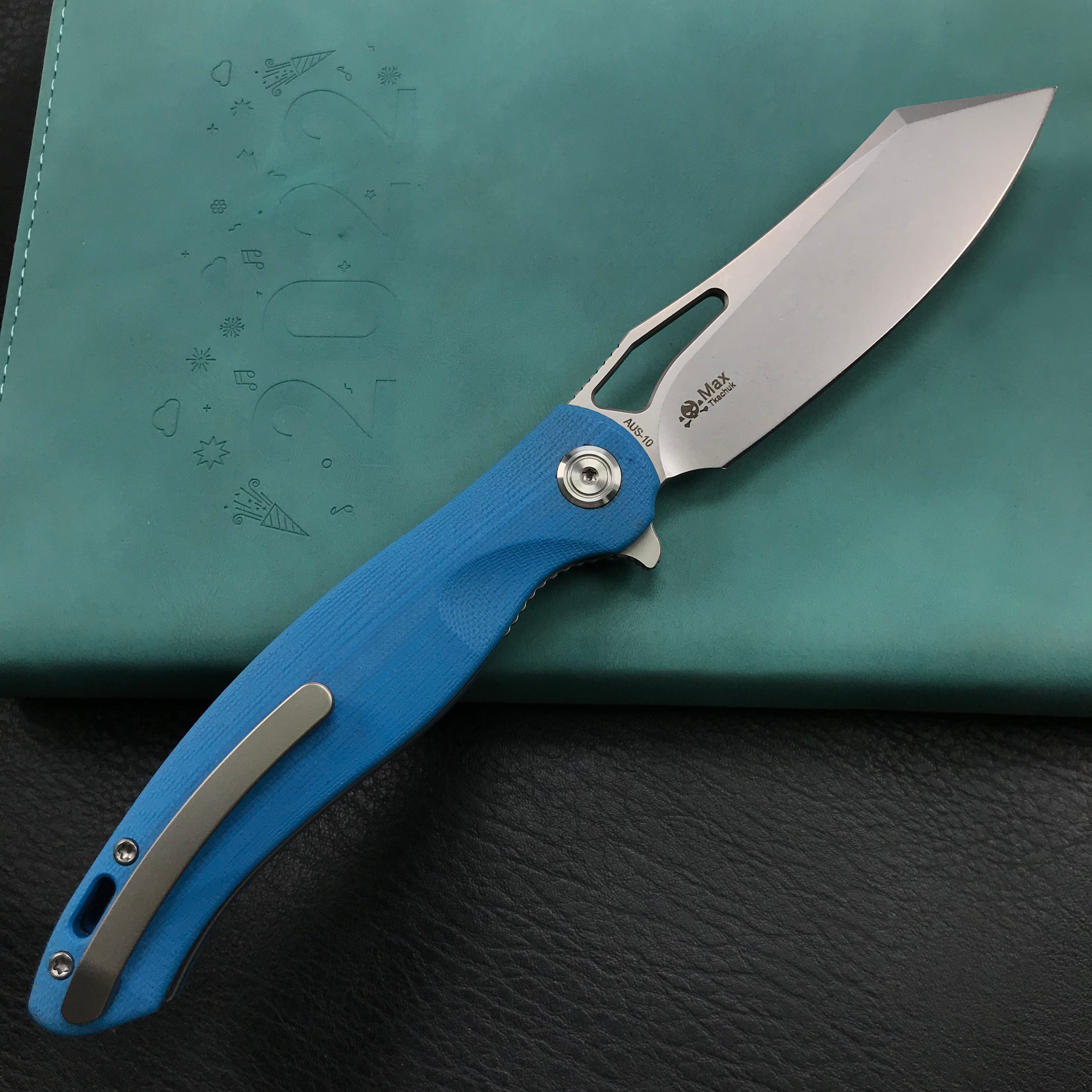 KUBEY KB239D Drake Lliner Lock Folding Knife Blue G10 Handle (3.7' Blasted Stonewashed AUS-10)