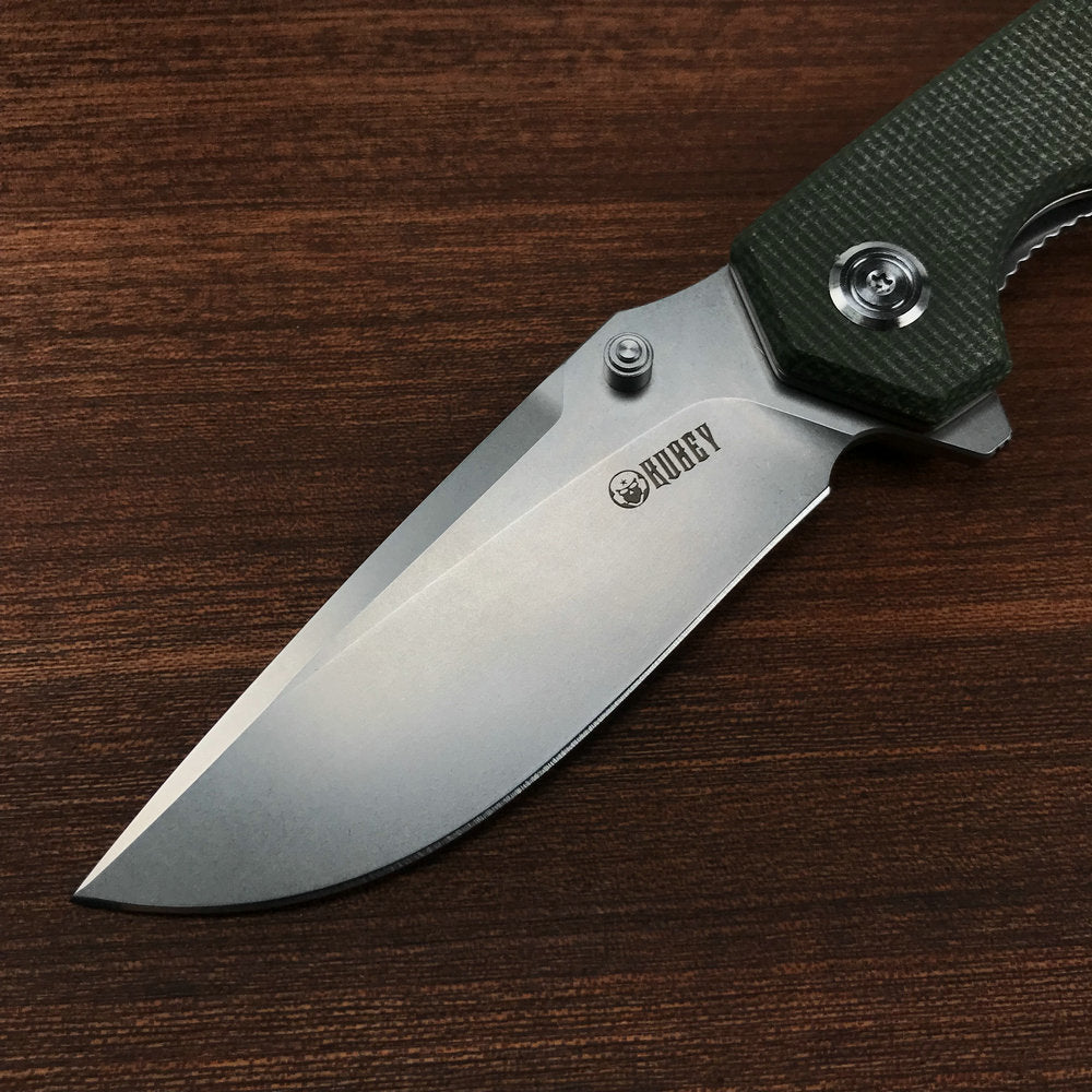 KUBEY  KU901C Liner Lock Flipper Folding Knife Green Micarta Handle 3.27" Bead Blasted D2