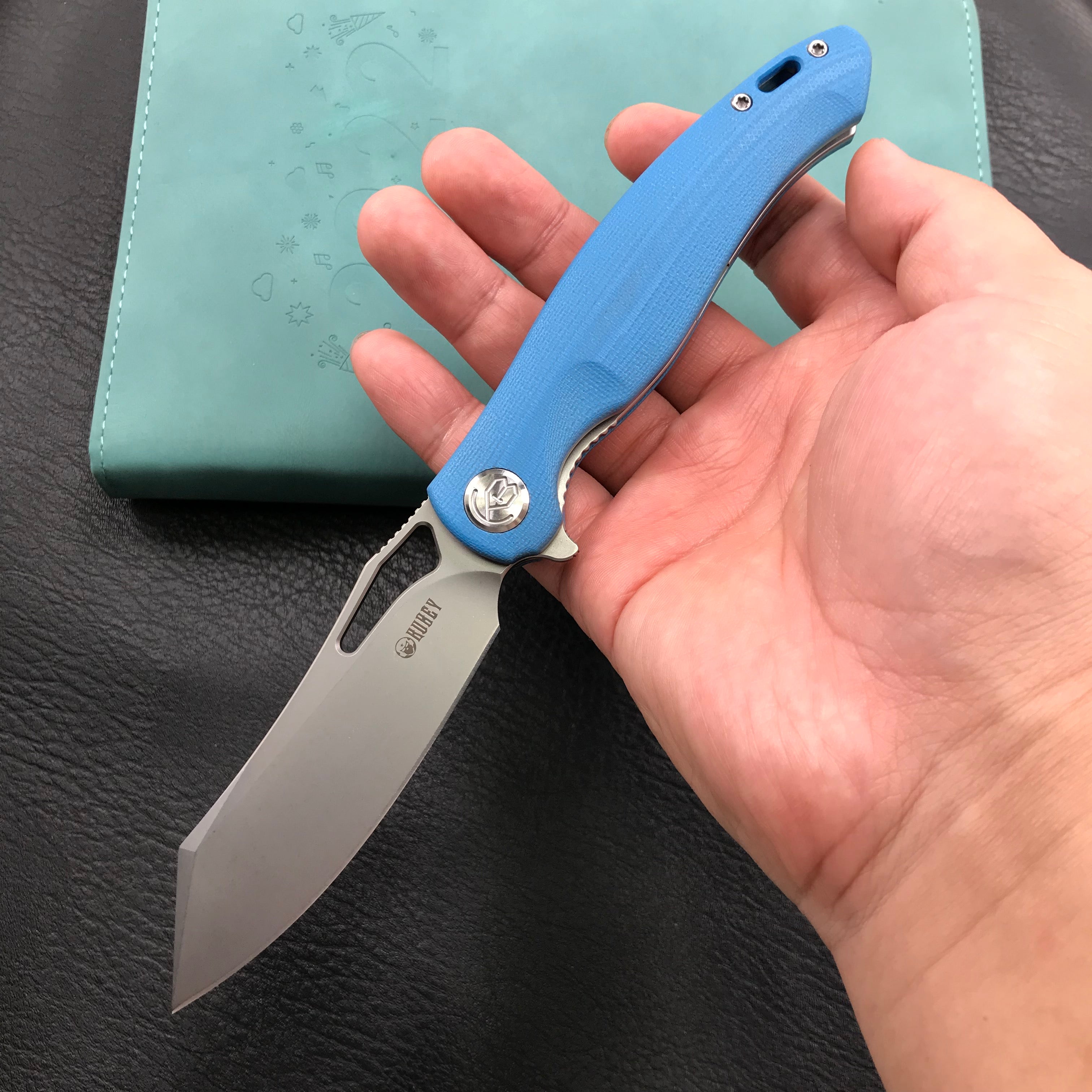 KUBEY KB239D Drake Lliner Lock Folding Knife Blue G10 Handle (3.7' Blasted Stonewashed AUS-10)