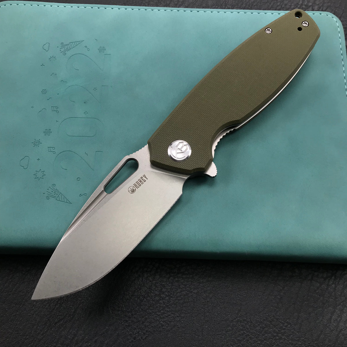 KUBEY KU322B Liner Lock Flipper Folding Knife Green G10 Handle 3.39" Blasted Stonewashed  D2