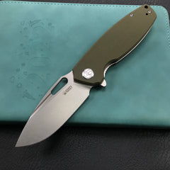 KUBEY KU322B Liner Lock Flipper Folding Knife Green G10 Handle 3.39" Blasted Stonewashed  D2