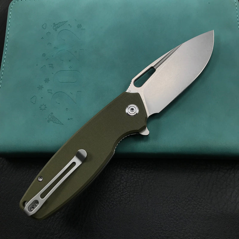 KUBEY KU322B Liner Lock Flipper Folding Knife Green G10 Handle 3.39" Blasted Stonewashed  D2