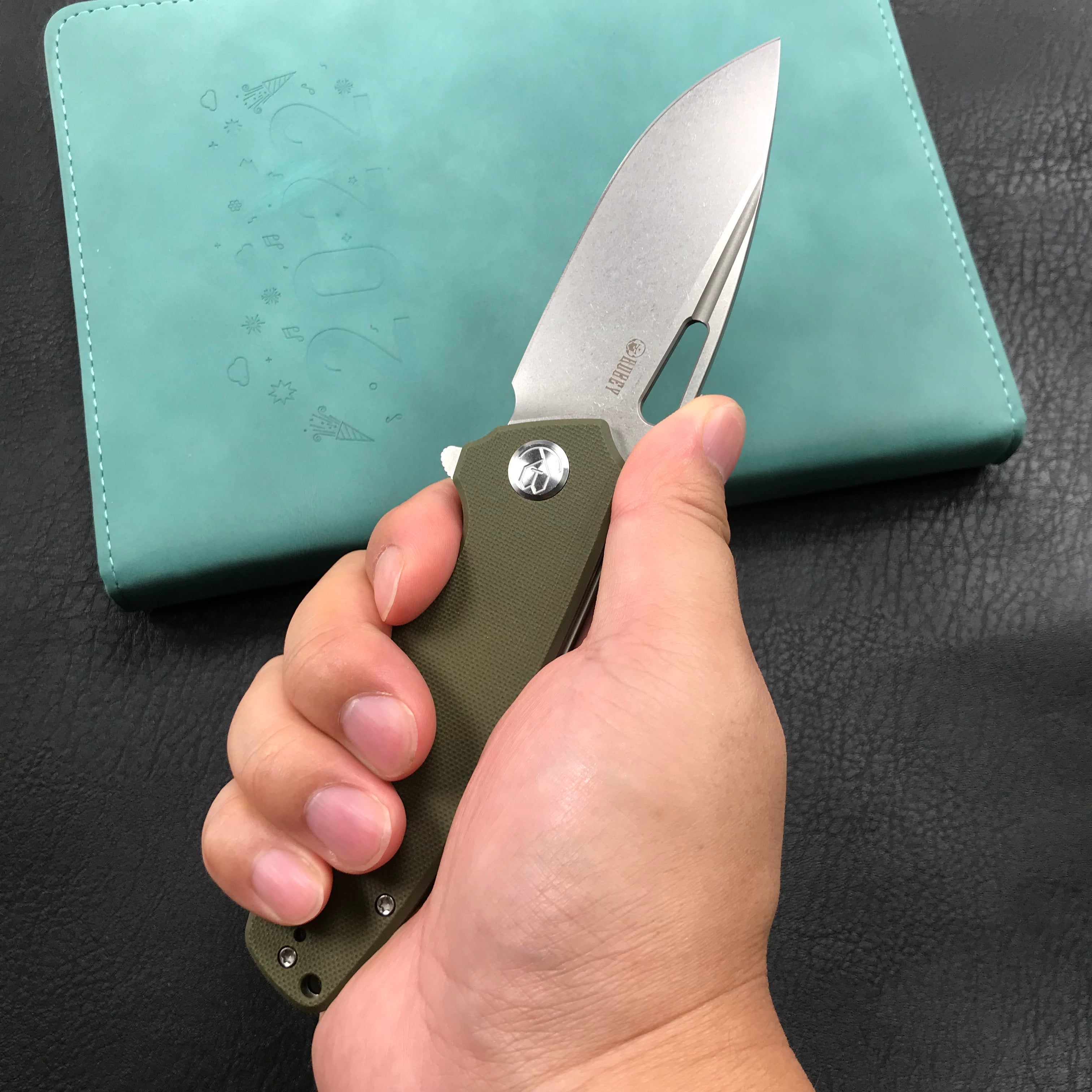 KUBEY KU322B Liner Lock Flipper Folding Knife Green G10 Handle 3.39" Blasted Stonewashed  D2