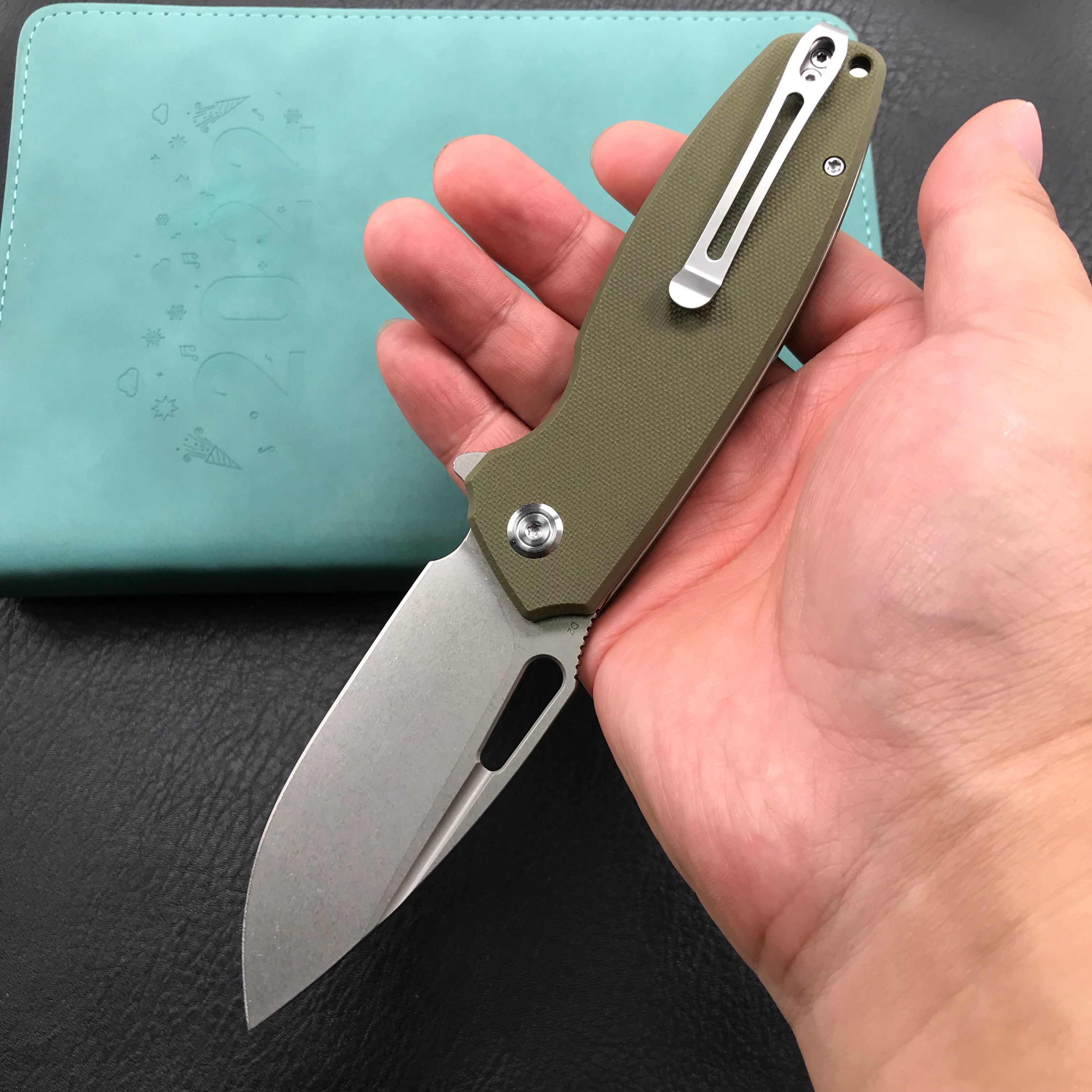 KUBEY KU322B Liner Lock Flipper Folding Knife Green G10 Handle 3.39" Blasted Stonewashed  D2