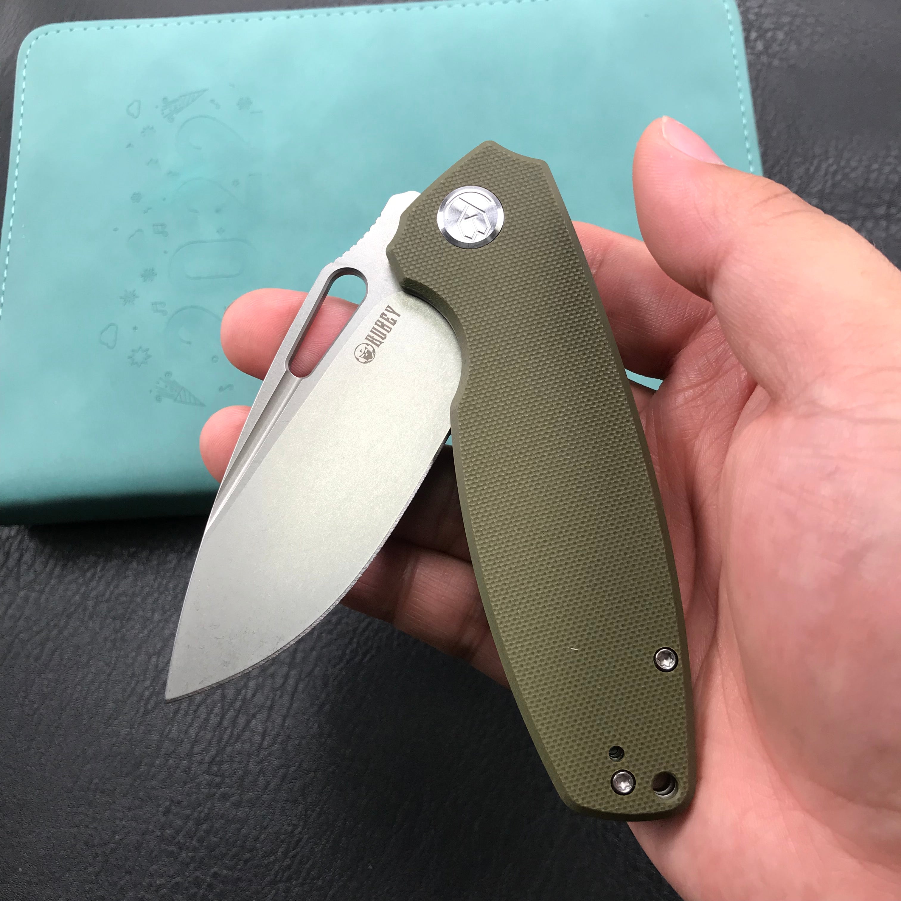 KUBEY KU322B Liner Lock Flipper Folding Knife Green G10 Handle 3.39" Blasted Stonewashed  D2