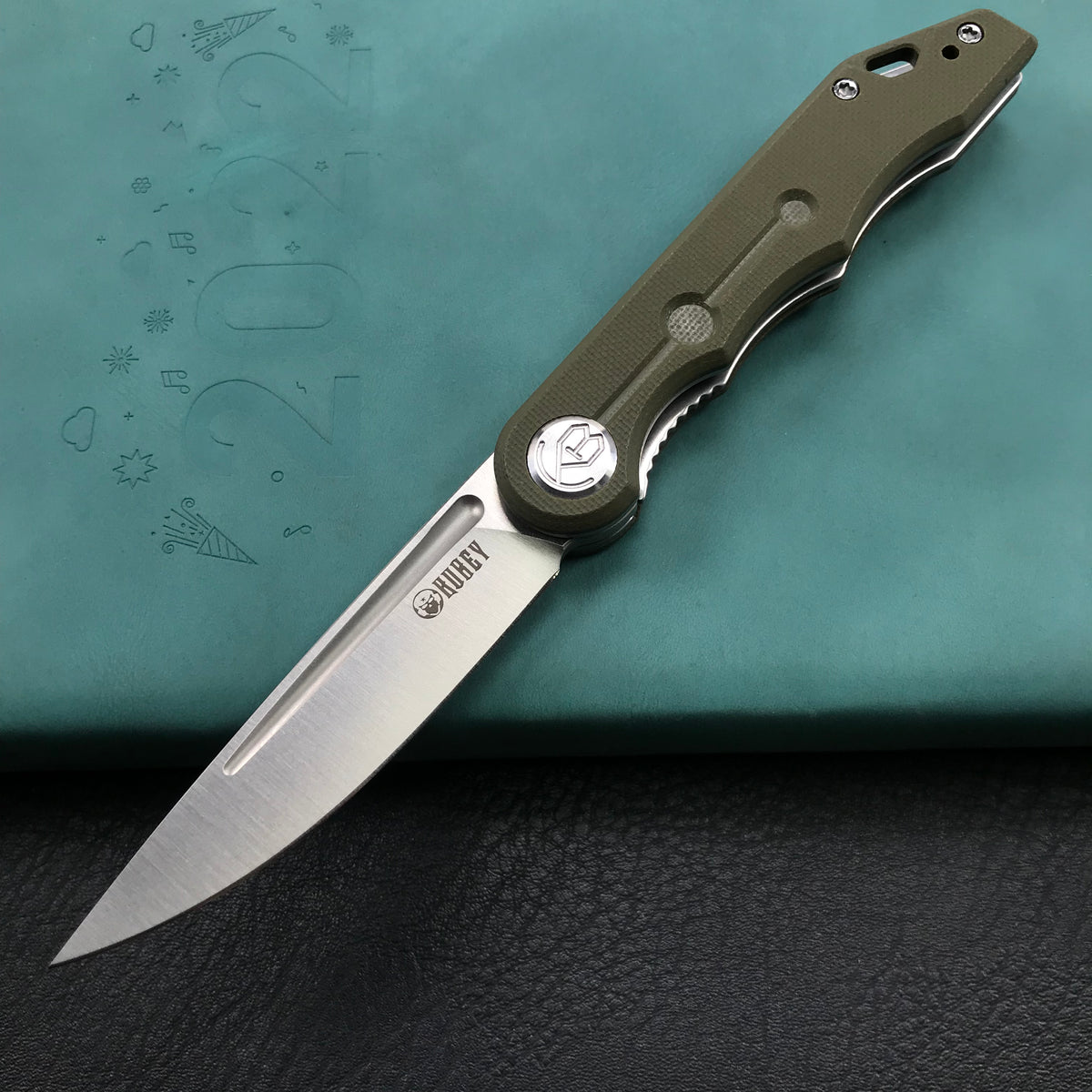 KUBEY KU2101D Mizo Liner Lock Front Flipper Folding Knife Green G10 Handle 3.15" Satin 14C28N