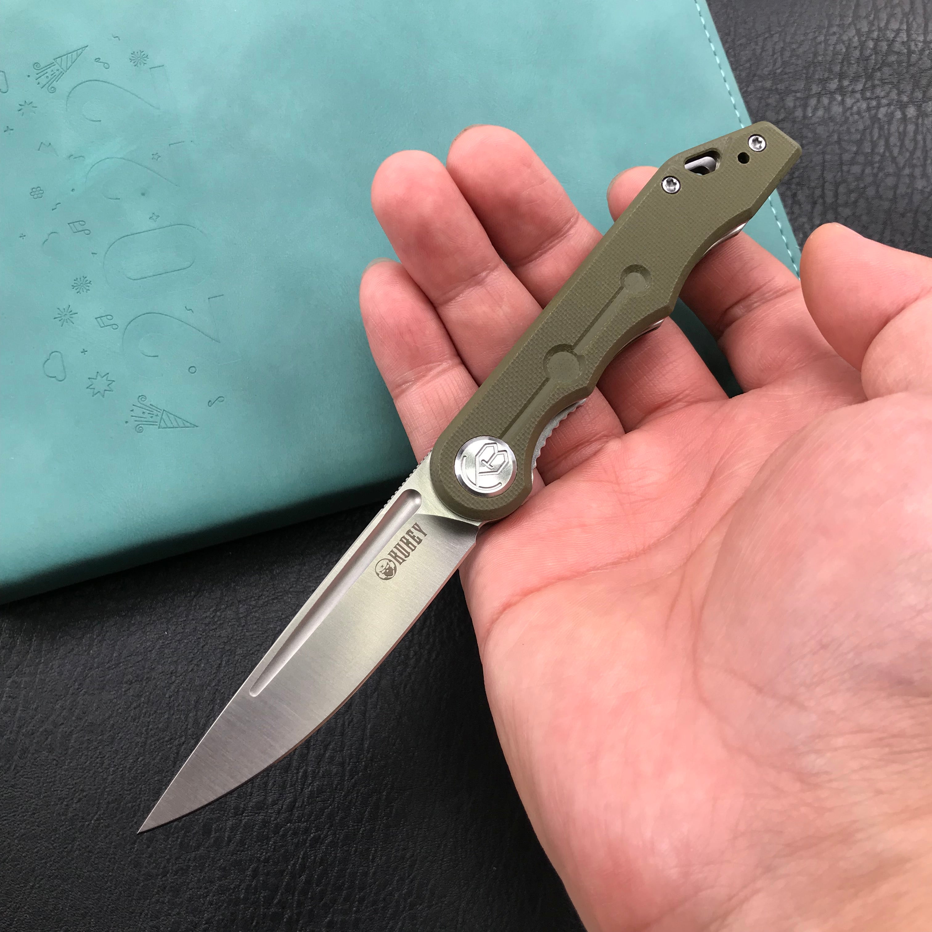 KUBEY KU2101D Mizo Liner Lock Front Flipper Folding Knife Green G10 Handle 3.15" Satin 14C28N