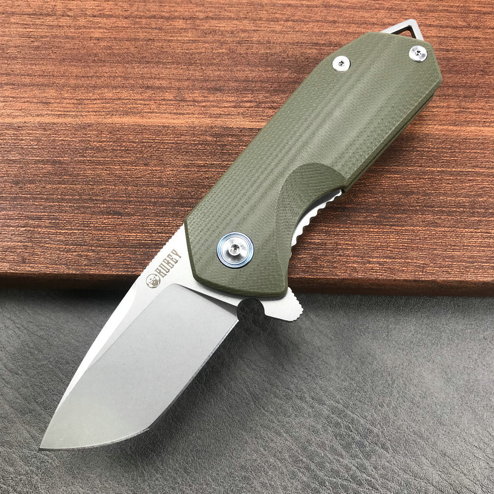 KUBEY KU203B Chubby Liner Lock EDC Flipper Knife OD Green G10 Handle (2.36" Sandblast D2)