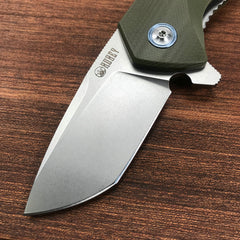 KUBEY KU203B Chubby Liner Lock EDC Flipper Knife OD Green G10 Handle (2.36" Sandblast D2)