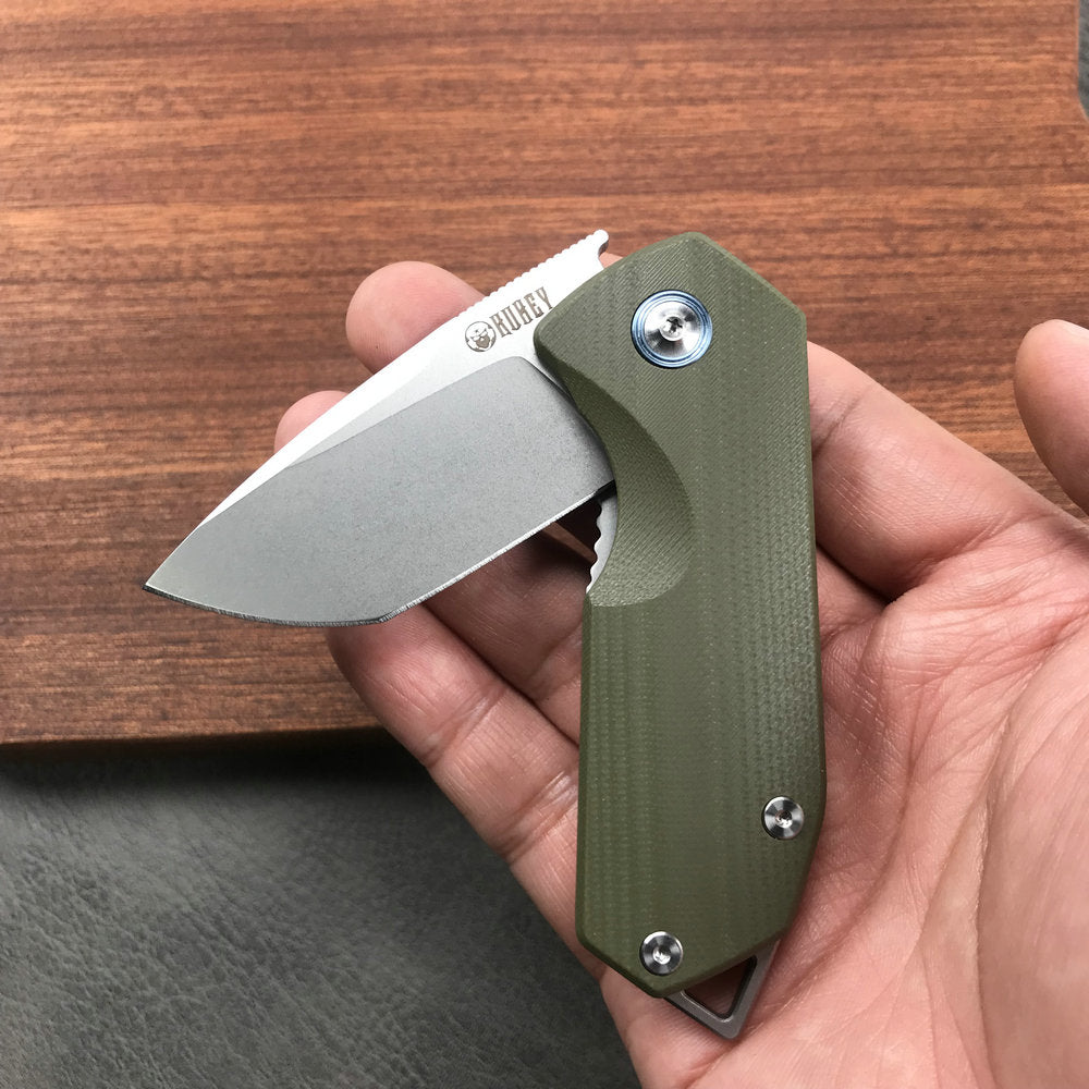 KUBEY KU203B Chubby Liner Lock EDC Flipper Knife OD Green G10 Handle (2.36" Sandblast D2)