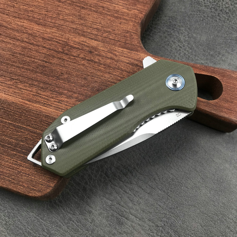 KUBEY KU203B Chubby Liner Lock EDC Flipper Knife OD Green G10 Handle (2.36" Sandblast D2)