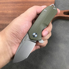 KUBEY KU203B Chubby Liner Lock EDC Flipper Knife OD Green G10 Handle (2.36" Sandblast D2)