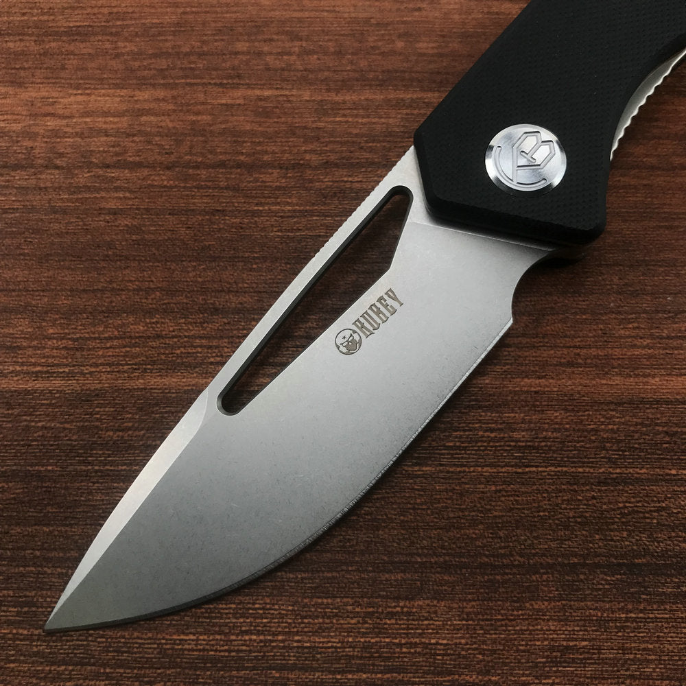 KUBEY KU331A Front Flipper EDC Pocket Folding Knife Black G10 Handle 3.27" Blasted Stonewashed D2