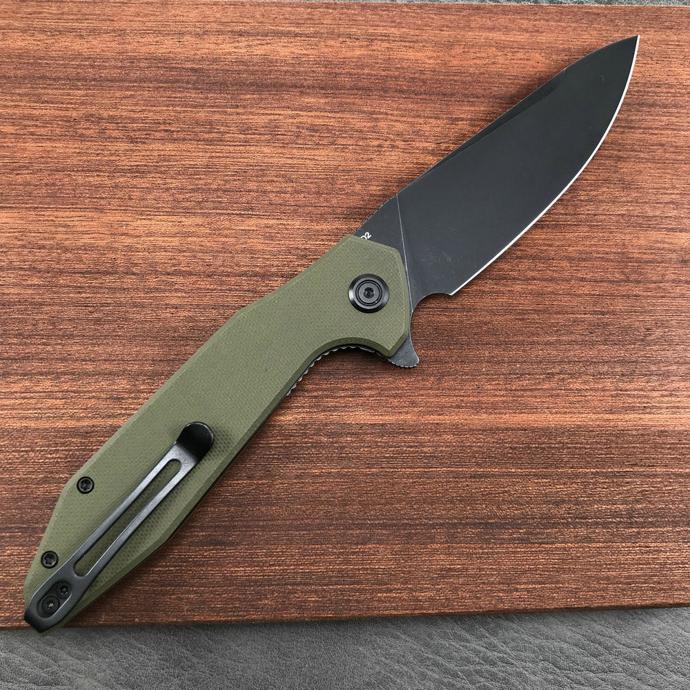 KUBEY KU117E Nova Liner Lock Flipper Folding Pocket Knife Green G10 Handle 3.62" Dark Stonewahsed D2