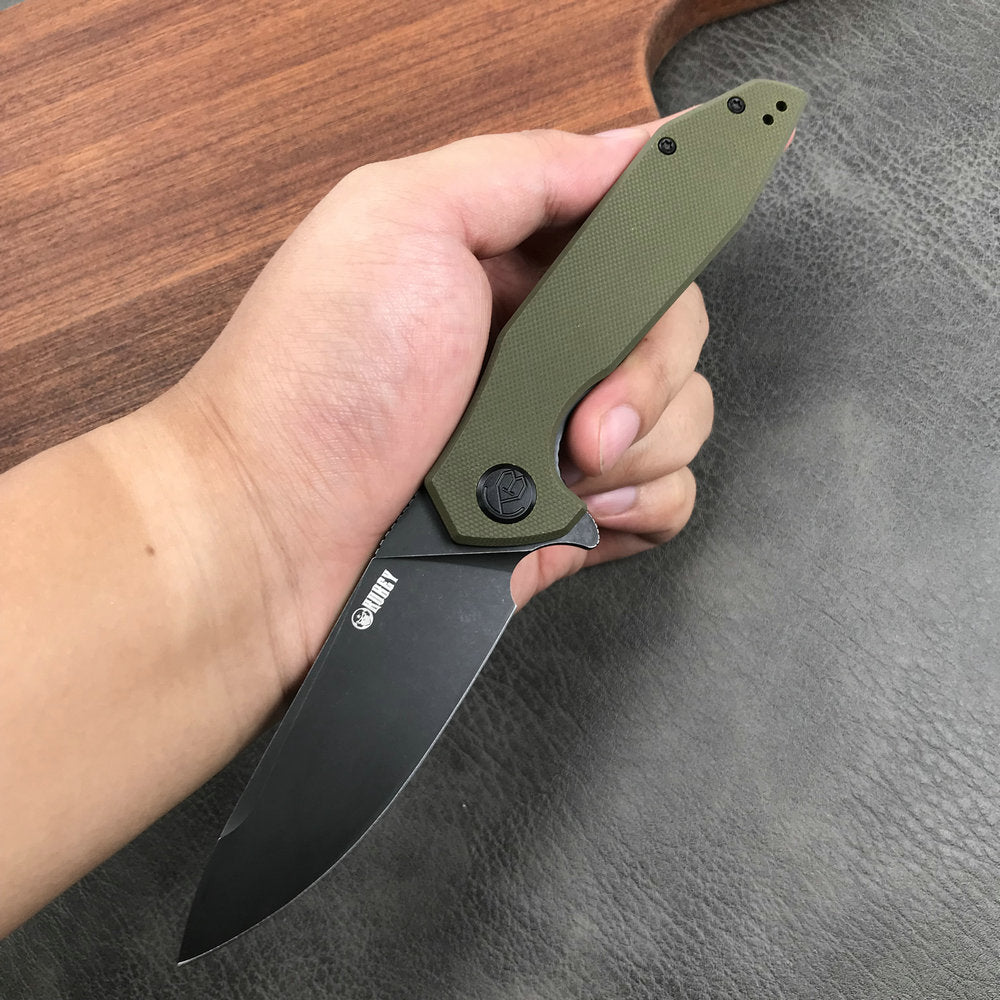 KUBEY KU117E Nova Liner Lock Flipper Folding Pocket Knife Green G10 Handle 3.62" Dark Stonewahsed D2